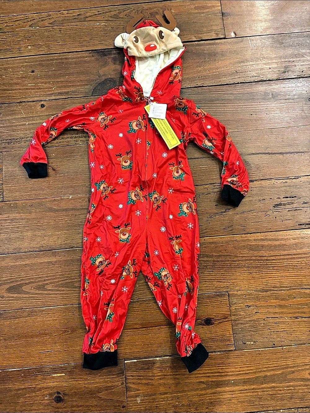 Weixinbuy Reindeer Print Hooded One Piece Pajama Red & Black 4-5T